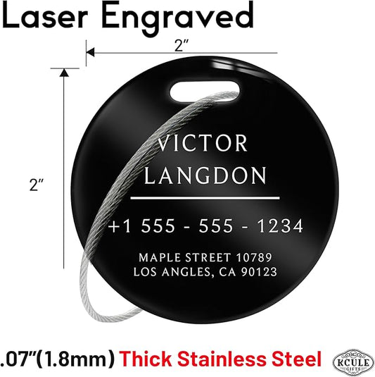 Stainless Luggage Tags for Suitcases 4 Pack: Metal Personalized Luggage Tags for Backpacks & Bags with Customizable Texts (Black)