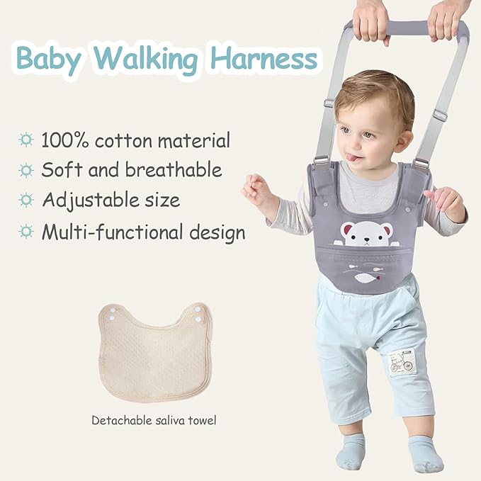 Baby Walking Harness Handheld Baby Walker Assistant Belt Adjustable Toddler Infant Walker Safety Harnesses Standing Up and Walking Learning Helper with Detachable Crotch for 9-24 Month (Gray)