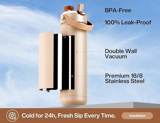 POWCAN 26 oz Insulated Water Bottle with 2-in-1 Straw and Spout Lid, Keep Cold 24H, Leak-Proof, Fits in Car Cup Holder, Stainless Steel Water Bottle for Sports, Travel, Gym, and School (Mocha)