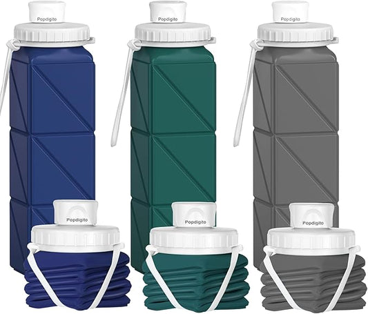 3 pack Collapsible Water Bottles,Silicone Foldable Portable Water Bottle 20.6oz, Lightweight Reusable Leakproof for Travel Hiking Camping Cycling Workouts Yoga Fitness Indoor Outdoor Sports
