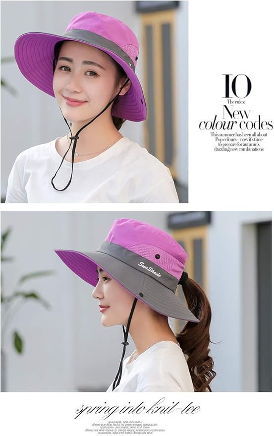 Women's Outdoor UV-Protection-Foldable Sun-Hats Mesh Wide-Brim Beach Fishing Hat with Ponytail-Hole