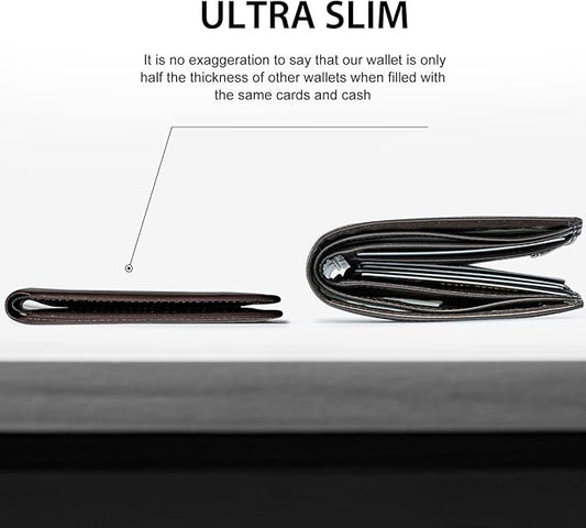 GSOIAX Mens Slim Wallet for Men Minimalist Genuine Leather Carbon Fiber Rfid Blocking Bifold Credit Card Holder With Gift Box (Leather Coffee)