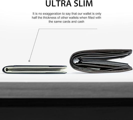 GSOIAX Mens Slim Wallet for Men Minimalist Genuine Leather Carbon Fiber Rfid Blocking Bifold Credit Card Holder With Gift Box (Dark Blue and Beige)