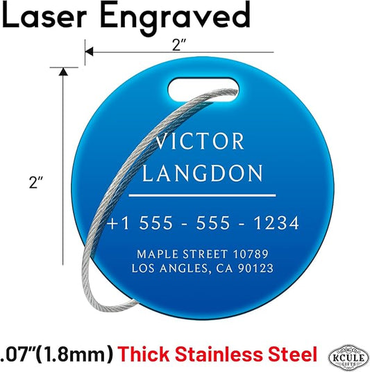 Stainless Luggage Tags for Suitcases 4 Pack: Metal Personalized Luggage Tags for Backpacks & Bags with Customizable Texts (Blue)