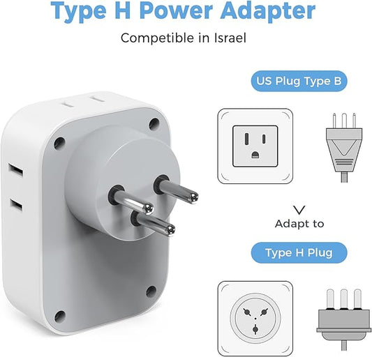 TESSAN Israel Power Adapter, US to Israel Plug Adapter with 4 American Outlets 3 USB Charger (1 USB C Port), Type H Travel Adaptor for USA to Jerusalem