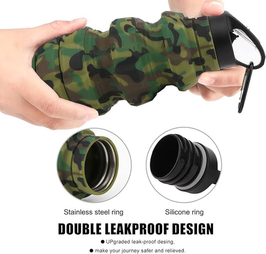 QiCheng&LYS Collapsible Water Bottle Sports Bottle 19.5OZ/580ml Travel Water Bottle for Men Women Kids. BPA Free Food Grade Silicone. (Army green camouflage)