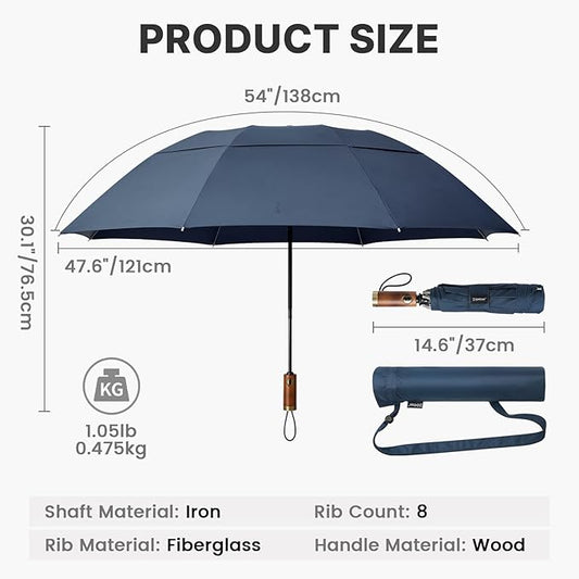 G4Free 54 Inch Inverted Windproof Umbrella with Wooden Handle, Large Double Canopy Auto Open & Close Golf Umbrella, Portable & Durable Rain Umbrella, Fits Car & Backpack
