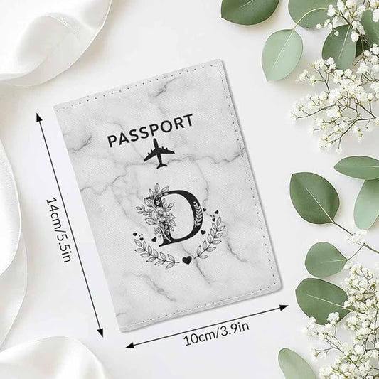 Flower D Passport Holder for Travel Marble Simple Style Black Gray PU Leather Passport Cover Wallet Cute Passport Card Holder for Women and Men
