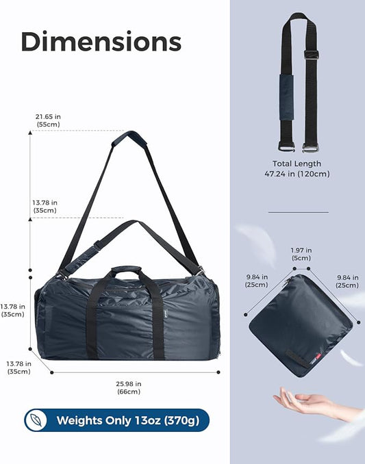 pack all 65L Foldable Travel Duffel Bag, Packable Weekender Bag with Shoe Compartment, Water-Resistant Gym Bag with Adjustable Strap for Overnight, Sports and Camping (Navy)
