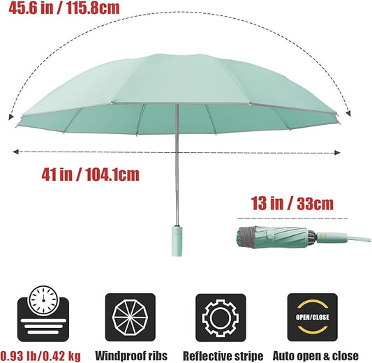 Large Windproof Travel Umbrella, Portable Reverse Folding Car Umbrella, Compact Inverted Design with Waterproof Canopy, Automatic, 10 Durable Ribs, 45.6/13 Inch, Fits Backpack