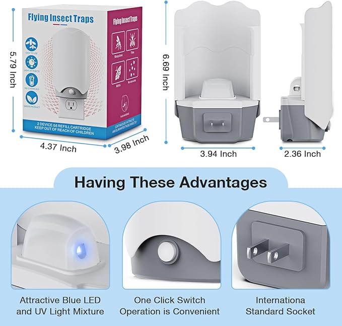 Fly Trap Indoor, 2 Plug-in Fly Catchers with 6 Refill Glue Cards, Fruit Fly & Gnat Trap for Home, Indoor Bug Trap for Mosquitoes, House Flies, Moths & Flying Insects