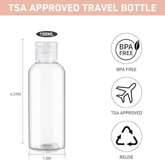 Travel Bottles for Toiletries 3.4oz 4 Pack TSA Approved Leak-Proof Travel Size Containers Squeezable Empty Plastic Toiletry Bottles for Shampoo, Conditioner, Body Wash (Clear)