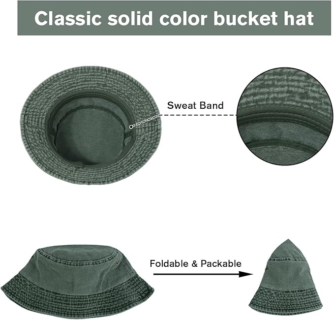 Washed Cotton Bucket Hats Packable Summer Outdoor Cap Travel Beach Sun Hat Plain Colors for Men Women