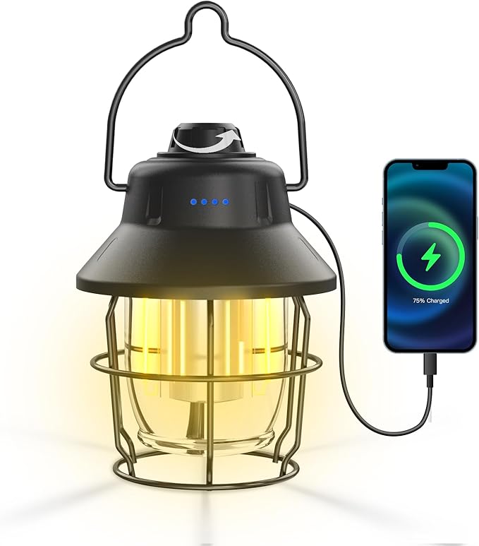 JINIU Rechargeable LED Camping Lantern, Mini Retro Portable Waterproof Lantern, 1000LM, 3 Light Modes (2700-6500K) Stepless Dimming Brightness, Hanging Tent Light for Camping, Power Outages