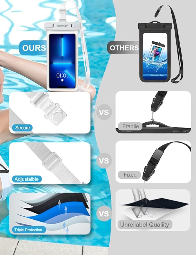 wellhouse Waterproof Phone Pouch, Waterproof Phone Case for iPhone 16 15 14 13 12 Pro Max XS Samsung, IPX8 3D Cellphone Dry Bag Beach Essentials (2 Pack - Black & White7.0, 7 inch)