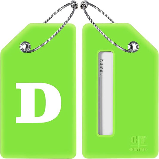Gostwo 2 Pack Silicone Luggage Tags for Suitcases, 26 Initial Letter Baggage Labels Handbag School Bag Suitcase Instrument Tag with Stainless Steel Loop(Green)(Letter D)