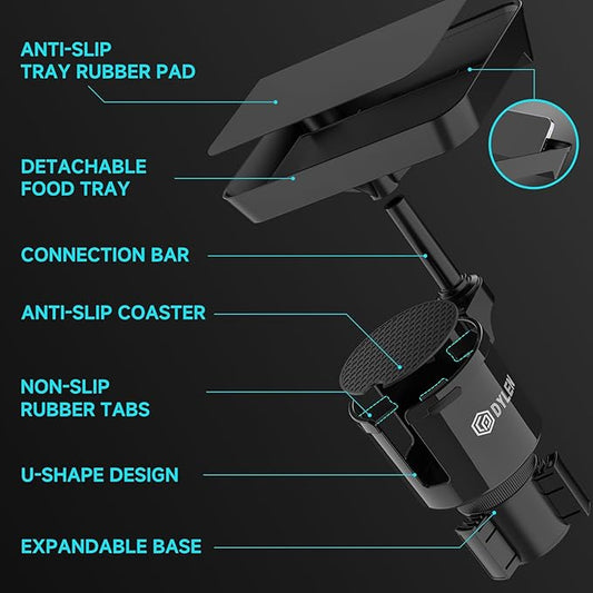 DYLEN Car Cup Holder Tray, Cup Holder Expander Adapter for Car, 9.5” Detachable Car Food Tray Table for Eating, Road Trip Essentials Fits Yeti, Hydro Flask 16-46 oz