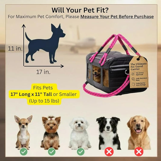 FLUFFY COMMUTE™ TSA Airline Approved Dog Carrier | Soft-Sided | Fits Small Dogs & Pets Up to 15 lbs & 17” Long × 11” Tall | Black w/Pink Handle