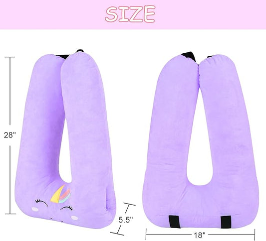 Kids Travel Pillow for Car Seat with Hand Muff, Cartoon Neck & Headrest Seat Belt Pillow for Car Road Trips Long-Distance Travel Sleeping Pillow for Adults and Children, Purple Unicorn