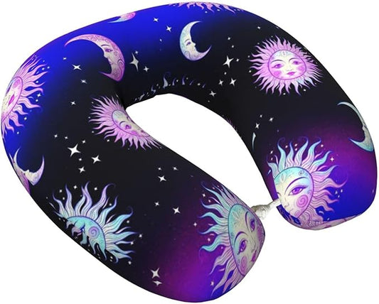 Neck Pillow Memory Foam Travel Pillows Comfortable for Airplane Flight Car Travel Office Nap and Sleeping, Funny Cushion for Head Shoulder Trippy Sun Moon Stars