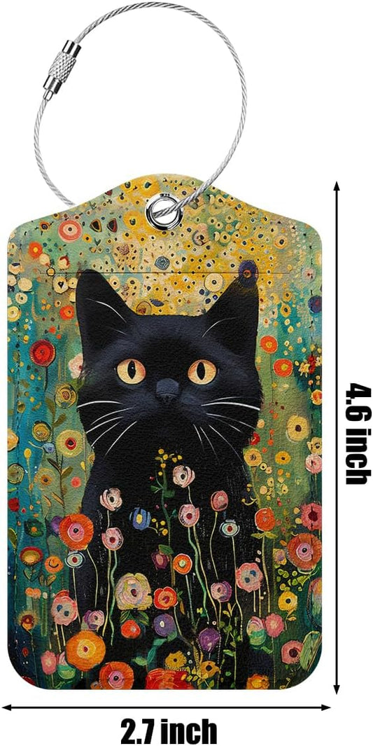 2 PCs Floral Cat Stuff Luggage Tag, Suitcase Tags with Privacy Flap and Metal Loop, Luggage Tags for Suitcases, Identifiers Travel Essentials Bag Tag, Cat Lovers Gifts for Women Girls Friends Bestie