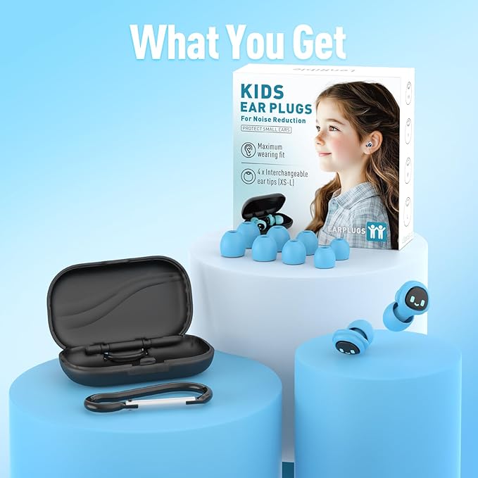 Kids Ear Plugs for 5-12 Yr, 27 dB Noise Reduction Extra Small Earplugs, Ear Plugs for Kids for Noise Sensitivity, Socializing, Sleep, Focus, 4 Sizes Ear Tips in XS-L (Blue)