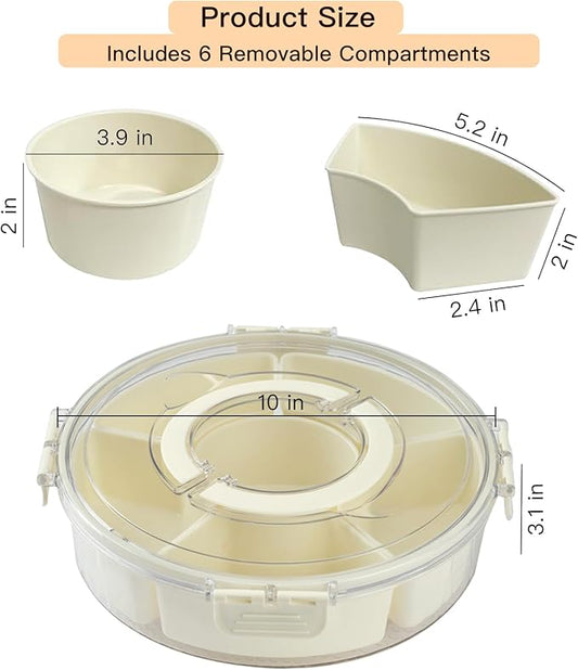 Rotating Divided Serving Tray with Lid and Handle,Snackle Box Container 6-Compartment,Round Snack Box Charcuterie Containers Snack Spinner,Snack Organizer Fruit Platter Veggie Tray for Christmas Party