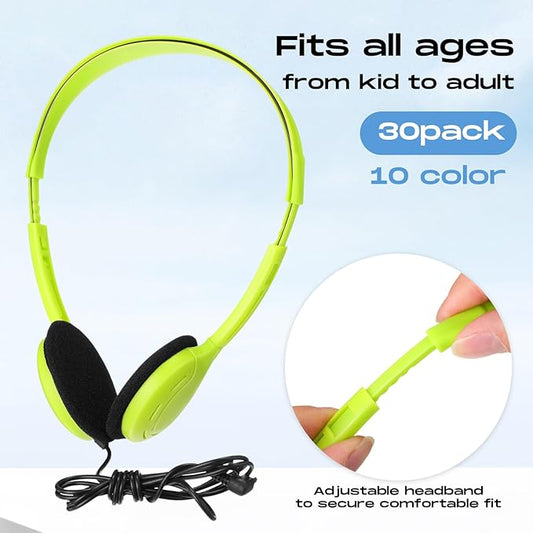 Yunsailing 30 Pack Bulk Over Ear Headphones Set On Ear Headsets Earphones with Adjustable Headband and 3.5mm Plug for Group Learning, Computer Lab, Library, Online Lesson (Macaron Color)