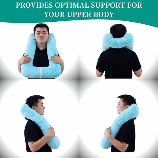 Travel Pillow Upgraded Version of Aircraft Travel Neck Pillow with Storage Bag, Sleep Pillows for Travel by Train, Car, or Plane, Supporting The Head and Body, Travel Pillow for Kids Blue