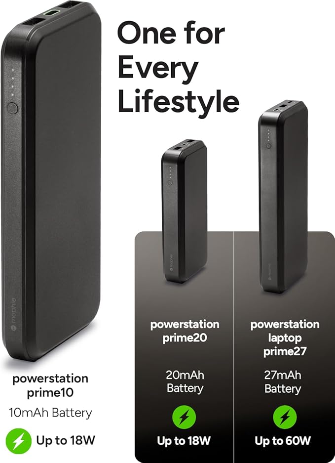 Mophie powerstation prime10 - Slim & Travel Friendly 10000 mAh Power Bank with Power Delivery PD Charging Technology,5V Fast Charging for iPhone,iPad,and More USB-C Input and Output-Black - 1pack