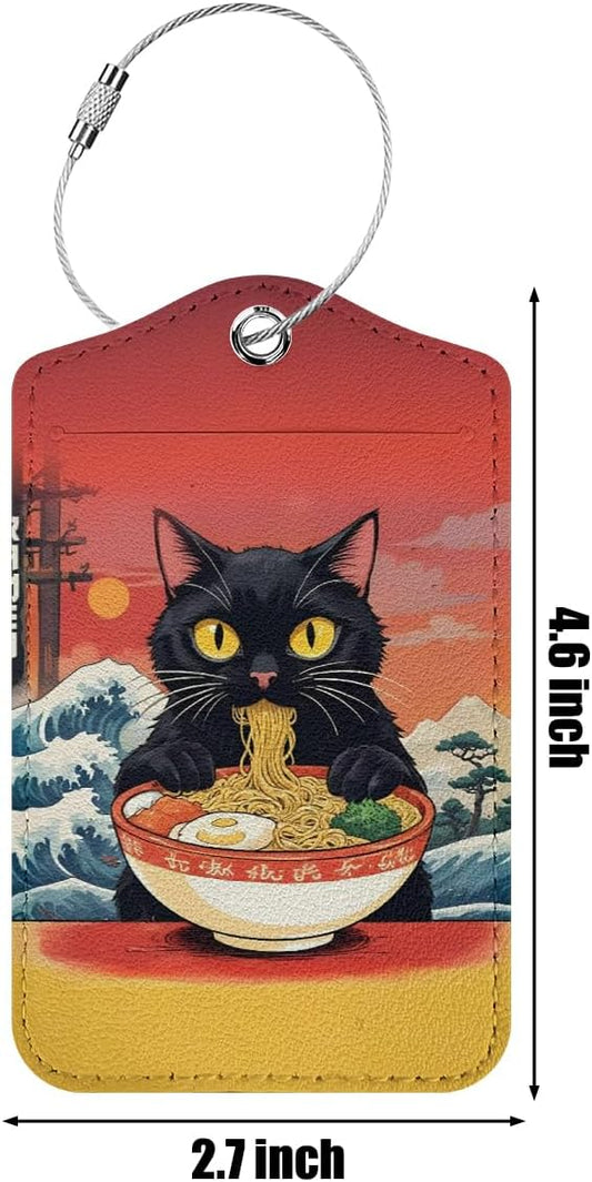 Funny Japanese Ramen Cat Luggage Tag, Suitcase Tags with Privacy Flap and Metal Loop, Luggage Tags for Suitcases, Identifiers Travel Essentials Bag Tag, Cat Lovers Gifts for Women Girls Friends