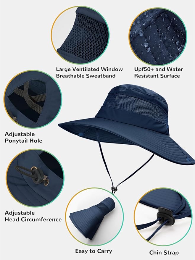 Sun Bucket Beach Hats for Women with Ponytail Hole,Sun Protection UV UPF50+ Waterproof Fishing Safari Hiking Hat