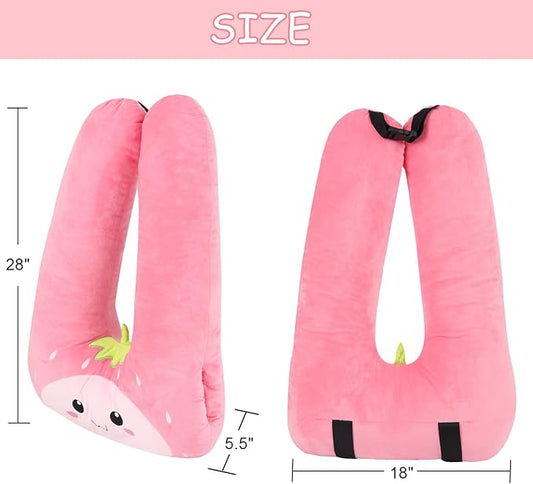 Kids Travel Pillow for Car Seat with Hand Muff, Cartoon Neck & Headrest Seat Belt Pillow for Car Road Trips Long-Distance Travel Sleeping Pillow for Adults and Children, Strawberry