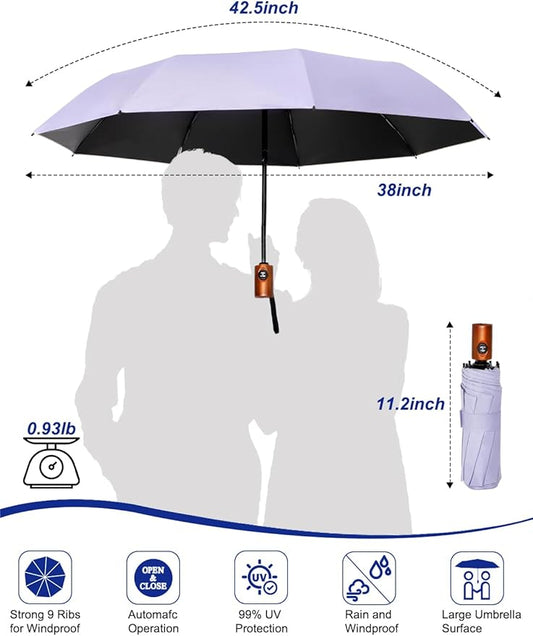 SoulRain Strong Windproof Travel Umbrella with Wooden Handle, Automatic Open Close Compact Folding for Rain & Sun UV Protection, Lightweight Durable Portable for Car, Backpack, Women & Men