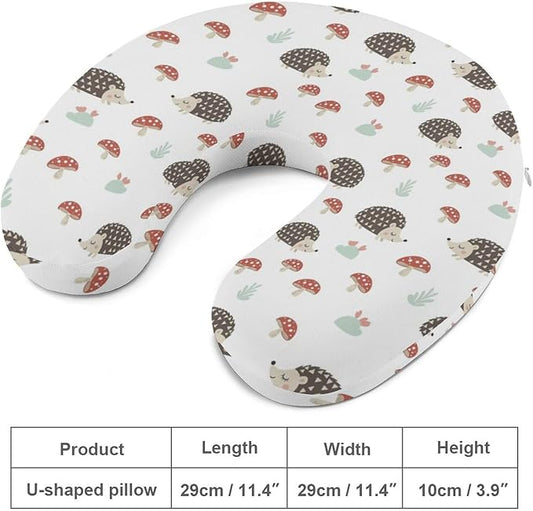 Cute Travel Neck Pillow Autumn Hedgehogs Leaves Mushrooms Memory Foam U Shaped Cushion, Washable Cover for Boys Girls Airplane Car School Nap