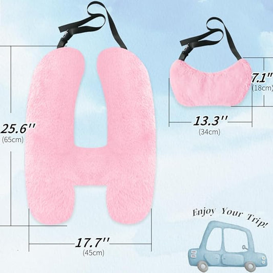 Soft Plush Car Pillow Travel Pillow for Kids with Neck Support Headrest, H-Shape Car Pillows for Kids Sleeping on Long Road Trips, Adults Child Car Seat Pillow, Body Support Travel Accessories, Pink