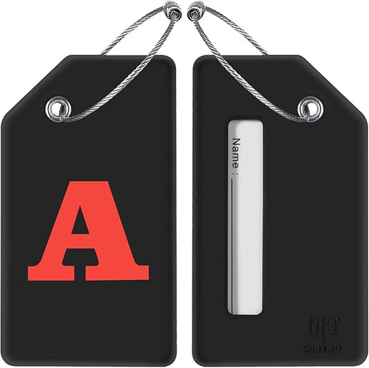 Gostwo 2 Pack Silicone Luggage Tags for Suitcases, 26 Initial Letter Baggage Labels Handbag School Bag Suitcase Instrument Tag with Stainless Steel Loop(Black & White) (Letter A)
