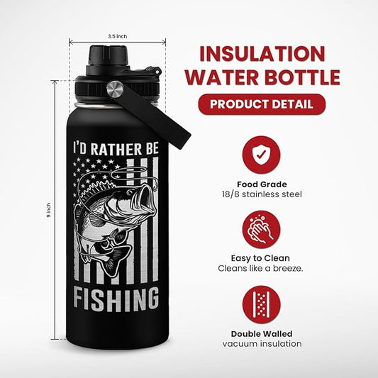 Fishing Water Bottle - 32oz Stainless Steel Insulated Bottles with lid - Deer Fishing Gifts for Fisherman Papa Dad Husband - Gift for Christmas Birthday Fathers Day
