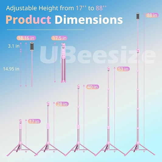 UBeesize 88’’ Flexible Phone Tripod with 14.95’’ Gooseneck, Remote and Phone Holder, Overhead Cell Phone Stand&Selfie Stick for Video Recording, Compatible with iPhone Android Phone, Camera Pink