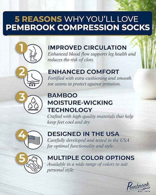 Pembrook Bamboo Viscose Light Compression Socks - 3 Pairs | 8-15 mmhg Compression Socks | Knee High Comfort Support Socks