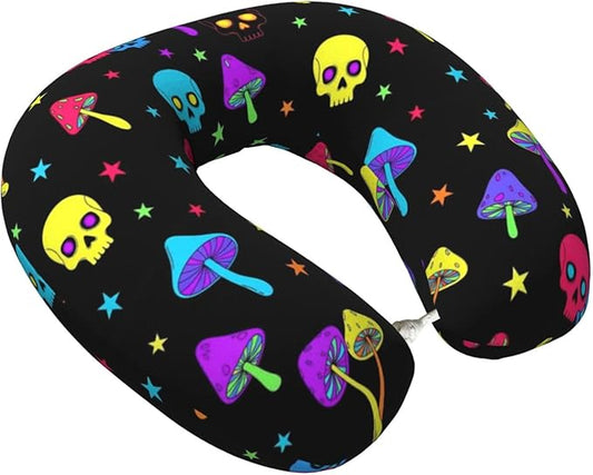 Neck Pillow Memory Foam Travel Pillows Comfortable for Airplane Flight Car Travel Office Nap and Sleeping, Funny Cushion for Head Shoulder Trippy Mushroom Skull
