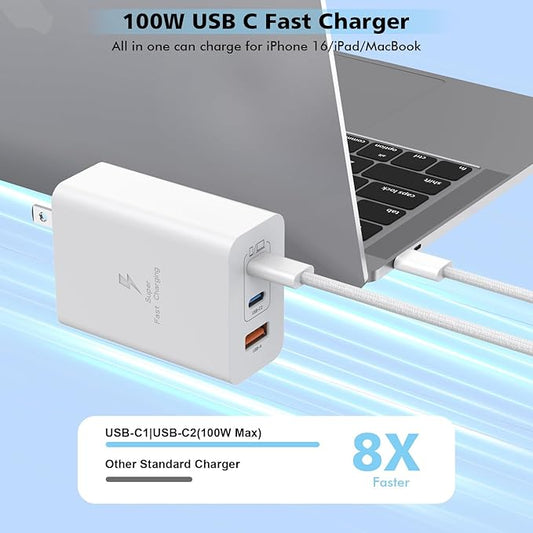 100W USB C Charger, 2Pack 140W USB C to C Woven Cable 6FT Braided Cord 100W Type C MacBook Pro Charger Block 6Foot Super Fast Phone Charging 3 Port PD & AC Charge for MacBook Pro/iPhone 16/15/iPad Pro