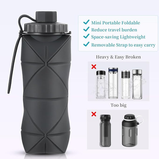 Silicone Collapsible Water Bottles,Lightweight Reusable Leakproof For Traveling Camping Hiking Cycling Sports Outdoor,Foldable Portable Travel Water Bottle 600ML Dark Grey And Purple 2Pack.