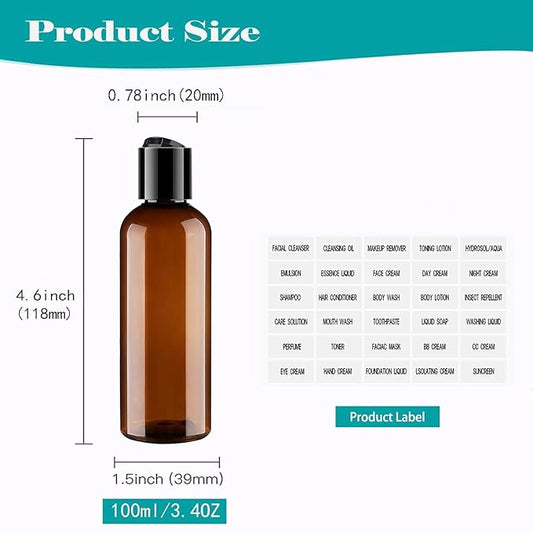 Toiletry Travel Bottles, 4Pack 3.4oz/100ml - Squeezable Plastic Containers with Flip Caps - Refillable Cosmetic Kit for Shampoo, Conditioner, Lotion, and Travel Essential- Brown