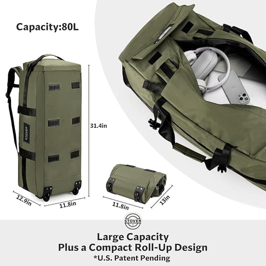STOVER 80L Rolling Duffel Bag with Wheels, Large 31 Inch Durable Travel Duffle + Toiletry Bag, Heavy Duty, Packable, Foldable w/Shoulder Straps- Use as Luggage or Backpack, Men/Women (Green)