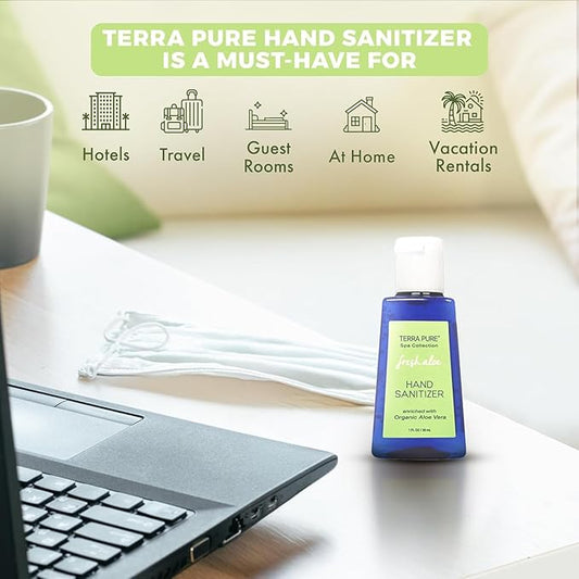 Terra Pure Hotel Hand Sanitizer Gel | Mini Hand Sanitizer Bulk | Alcohol-Free with Organic Aloe Vera | 1oz Bottles | Case of 144