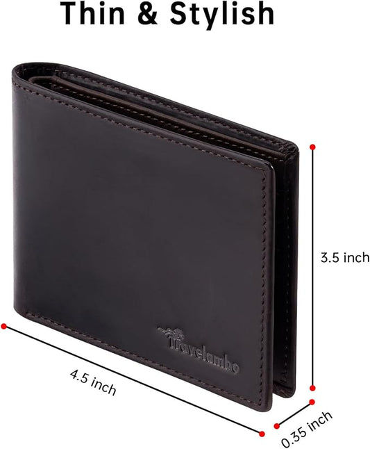 Travelambo Wallet for Men Real Leather Mens Bifold Wallet RFID Blocking - Thin & Stylish with ID Window in Gift Box (Crazy Horse, Coffee)