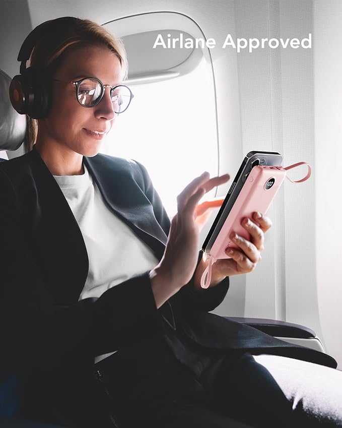 VRURC Portable Phone Charger, 20W PD Fast Charging Portable Charger for iPhone, 10000mAh Battery Bank with Cables, 4 Output 3 Input USB C Battery Pack for iPhone 16 15 14 13,Samsung Galaxy Series-Pink