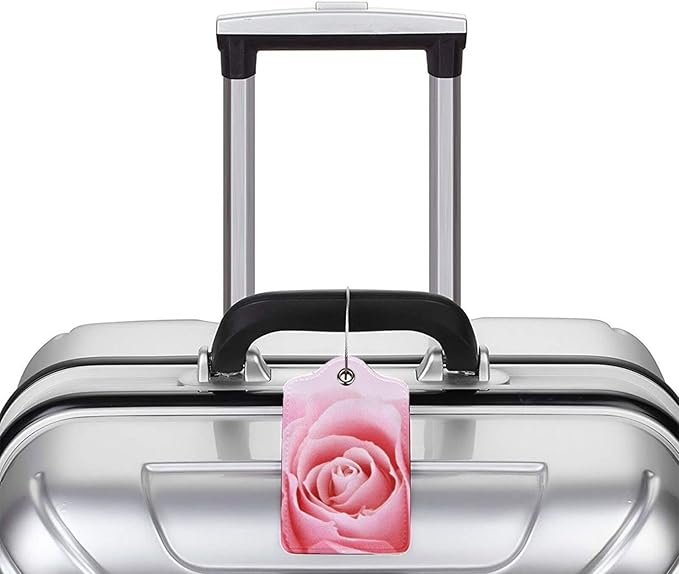 2 Pack Pink Rose Luggage Tags for Suitcases, Pretty Flower Leather Suitcase Backpack Bag Tags Identifiers with Privacy Cover Name Address Labels & Durable Steel Loop for Women Girls Travel