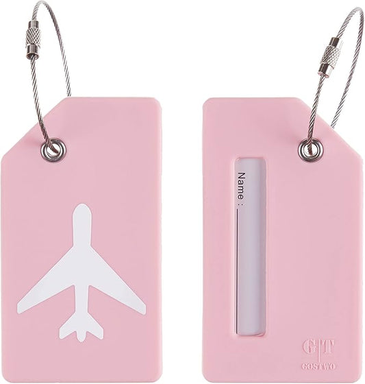Gostwo 2 Pack Silicone Luggage Tags for Suitcases, 26 Initial Letter Baggage Labels Handbag School Bag Suitcase Instrument Tag with Stainless Steel Loop(Pink)(Airplane)